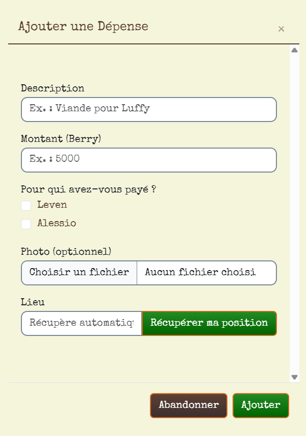 Écran d’ajout de dépense Moit-Moit