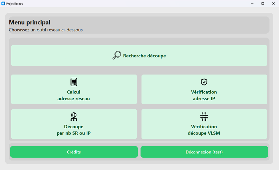 Menu principal des outils réseau