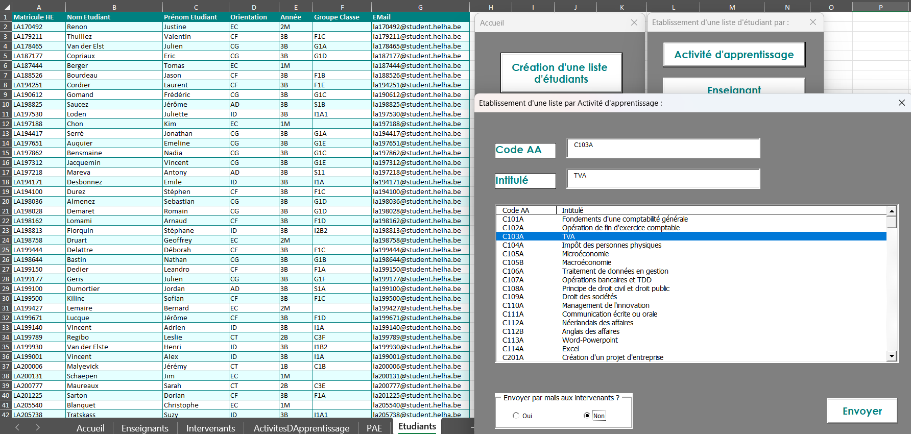 Liste des étudiants par activité d'apprentissage