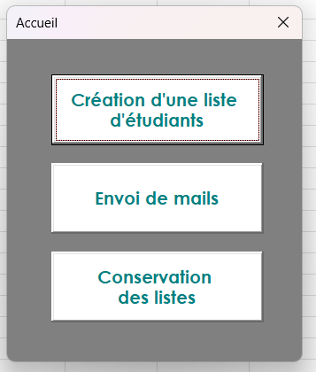 Menu principal de l'application VBA